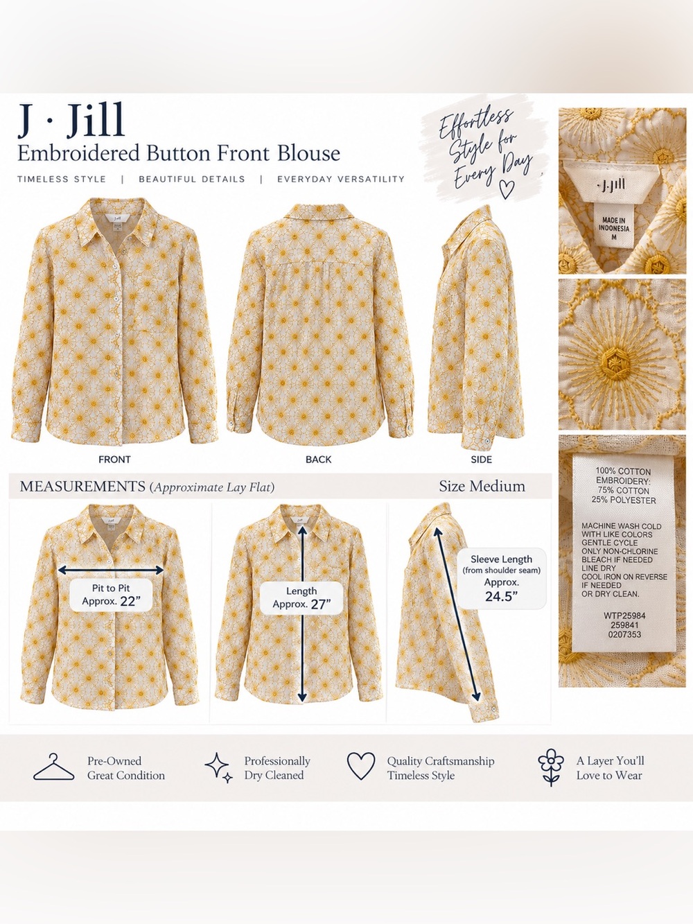 J. Jill Yellow Floral Embroidered Button-Front Blouse